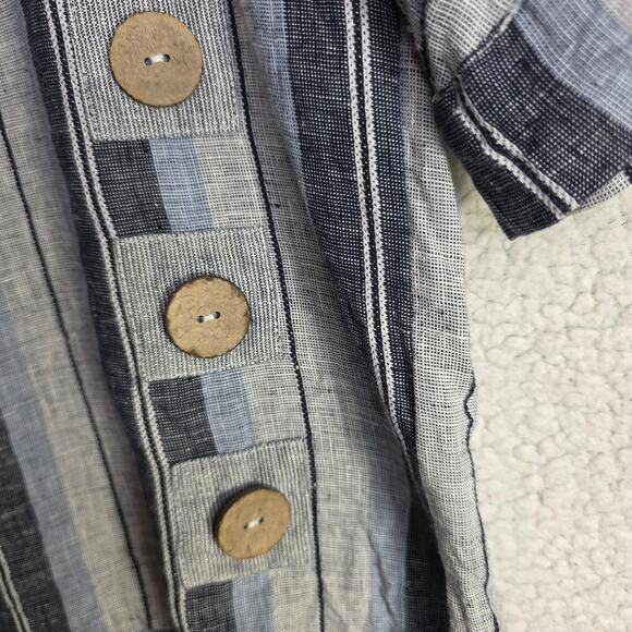 FOIL Sz8 Ws Linen Blue Gray Navy Stripes BigButtons accent Tunic Top Boho Hippie - Picture 3 of 14